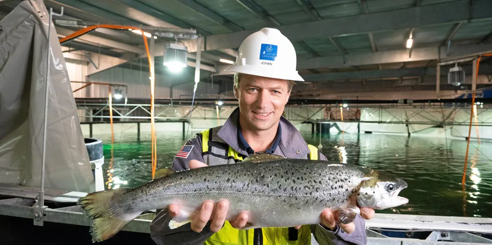 Land-based salmon farming pioneer Johan Andreassen with Atlantic Sapphire's first commercially harvested salmon.