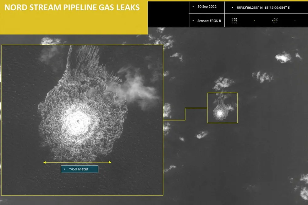 In search for evidence: A picture of the scale of the natural gas release from a leak on the Nord Stream 1 gas pipeline in the Swedish maritime economic zone in the Baltic Sea at the end of September 2022.