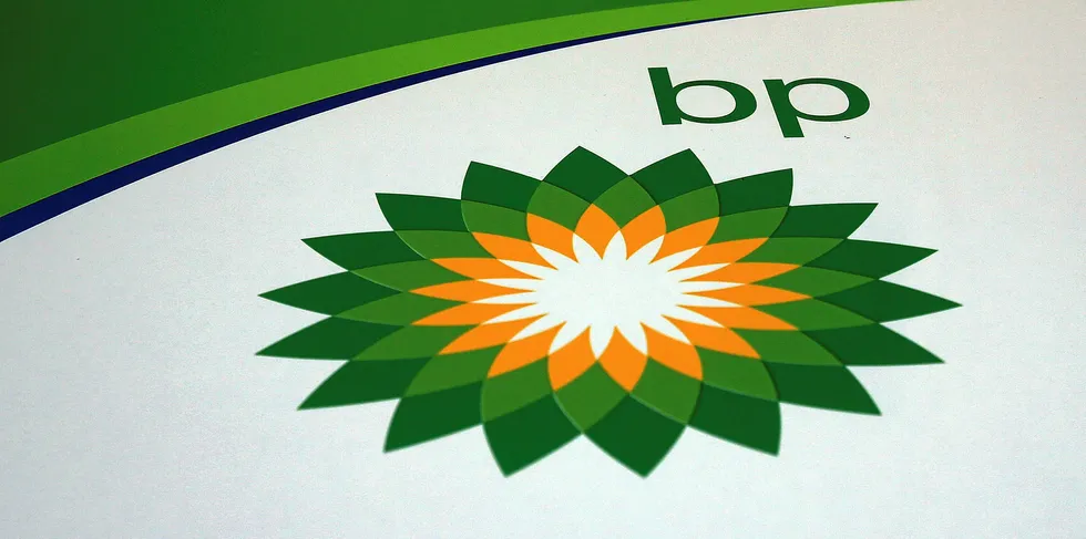 A BP sign is viewed at a gas station.