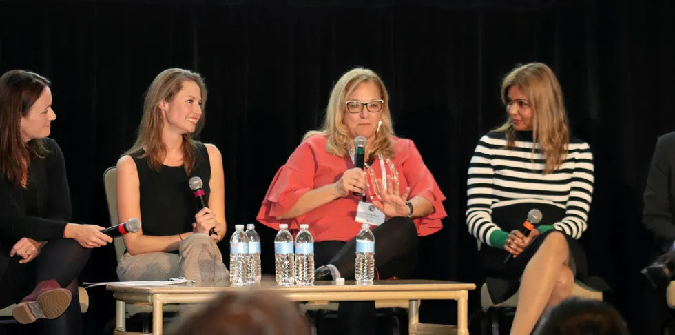 The panel from left to right: Rachel Mutter, editor for IntraFish; Lola Navarro, sustainability, community engagement and press manager with Atlantic Sapphire; Victoria Parr, marketing director for AquaChile, Rainforest and Verlasso Salmon; Kathleen Offman Mathisen, director, HR & Internal Communication for Grieg Seafood.