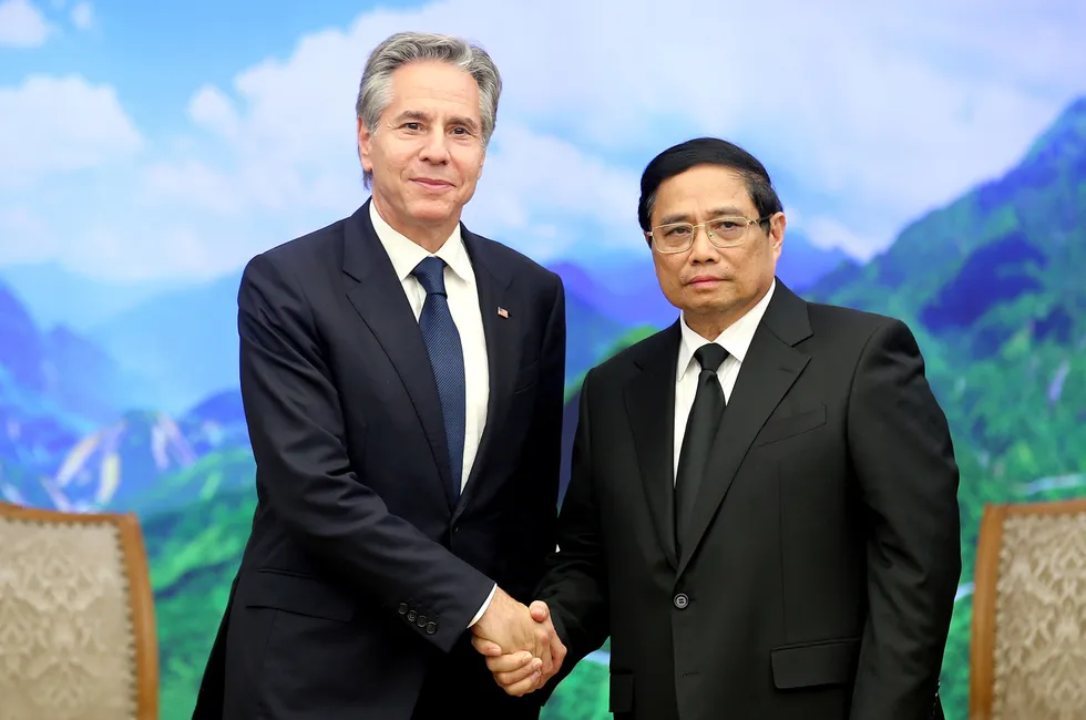 US Secretary of State, Antony Blinken, (left) and Vietnamese Prime Minister, Pham Minh Chinh, (right) pictured during a meeting to discuss US-Vietnam ties.