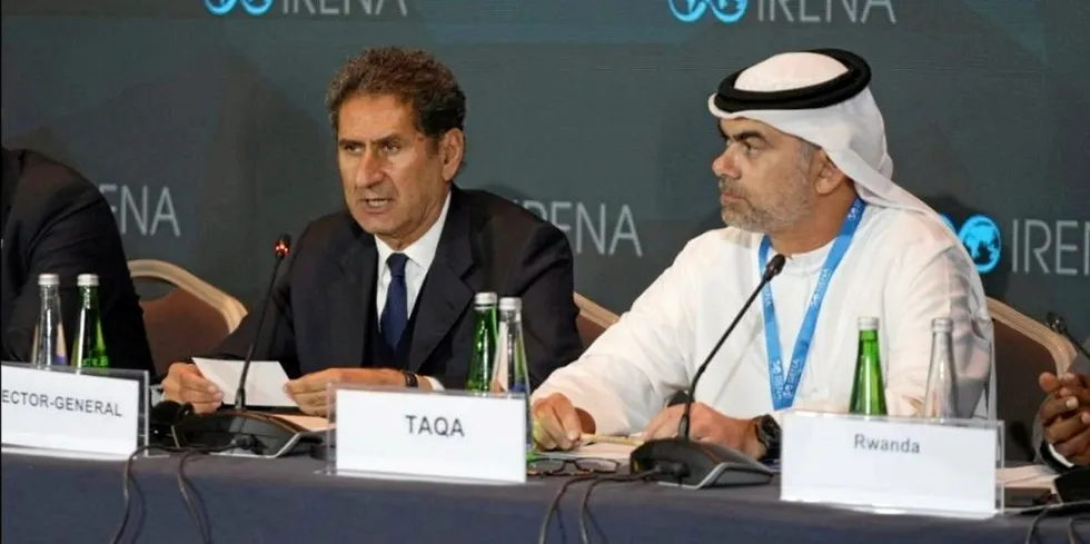 Francesco La Camera, IRENA director general (L), with Jasim Husain Thabet, TAQA CEO and UNEZA co-chair, at the IRENA summit.