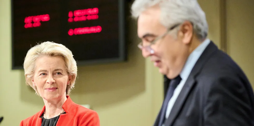 Ursula von der Leyen and Fatih Birol . European Commission President Ursula von der Leyen watches IEA executive director Fatih Birol talk about the new report at a press conference in Brussels on 12 December.
