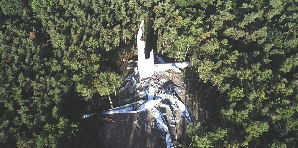 Remains of collapsed Nordex N149/4500 turbine in forest near Essen, Germany