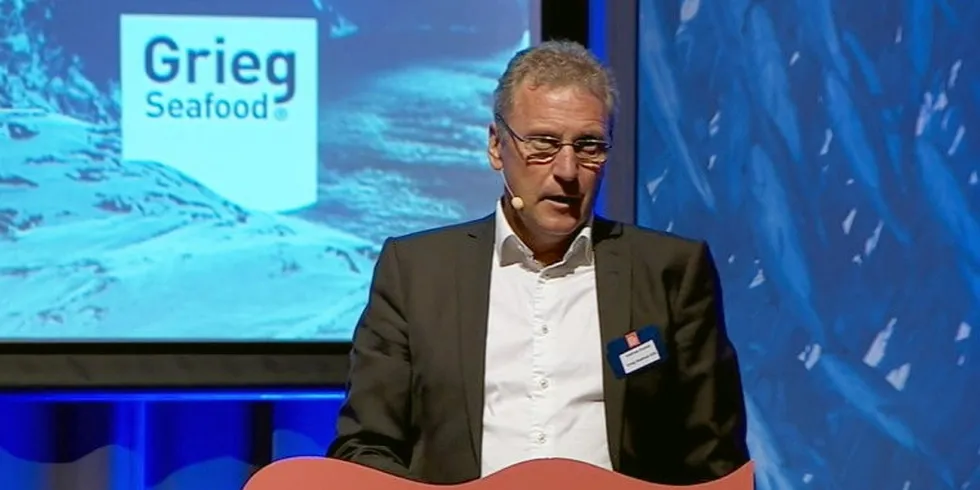 Grieg Seafood CEO Andreas Kvame at NASF 2022, touting Grieg's growth plans.