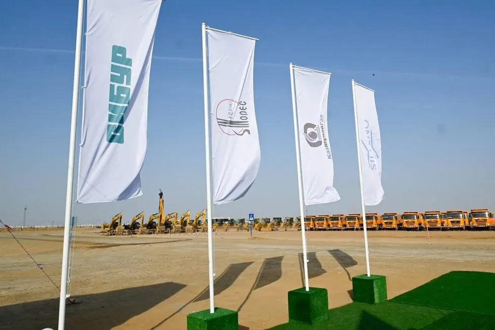 Flags bearing the names of shareholders in Kazakh chemicals company Silleno, the operator of a planned gas-to-polymer plant, at the site of the future facility.