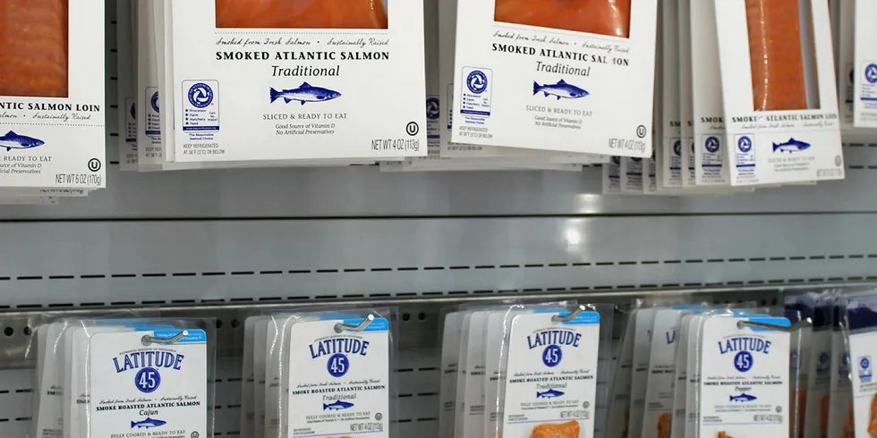 Multiexport's Latitude 45 smoked salmon on display. Products.