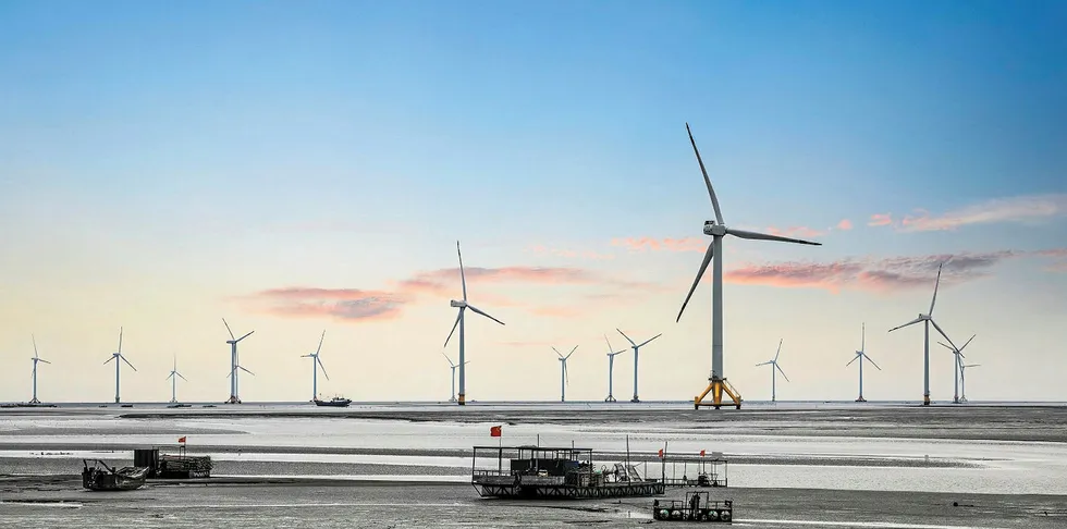 Intertidal wind farms like this one off Jiangsu province, China, sit between the offshore and onshore wind sectors.