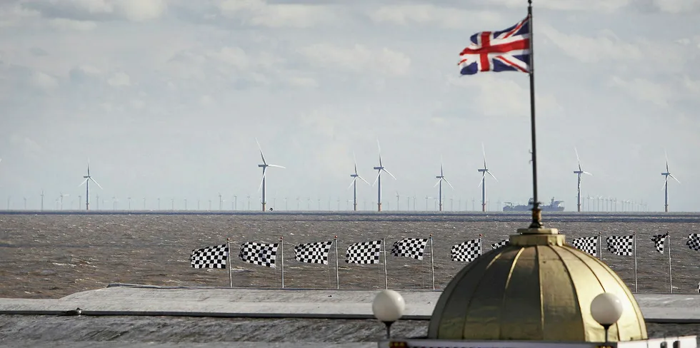 The UK's Gunfleet Sands wind farm, as seen from the town of Clacton-on-Sea