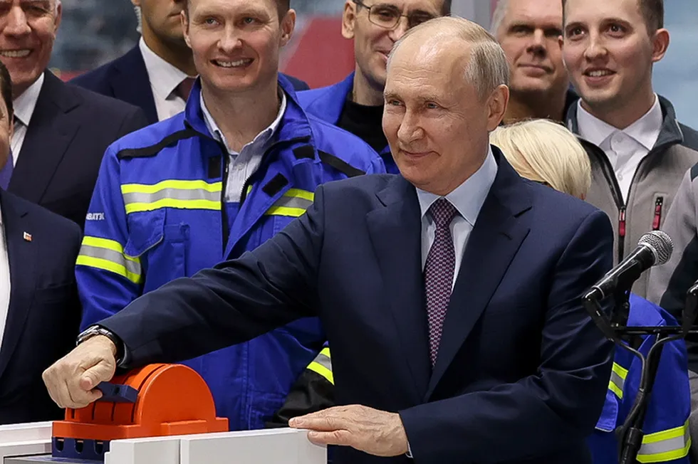 Russian President, Vladimir Putin, at the launch ceremony for Arctic LNG 2's Train 1 that was built at Novatek's specialised yard near the village of Belokamenka in the Murmansk region of Russia.