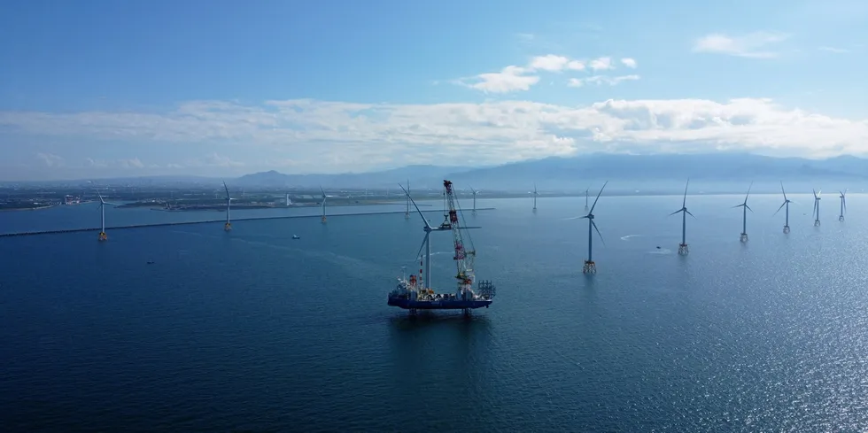 The Ishikari Bay New Port offshore wind farm in Japan during installation.