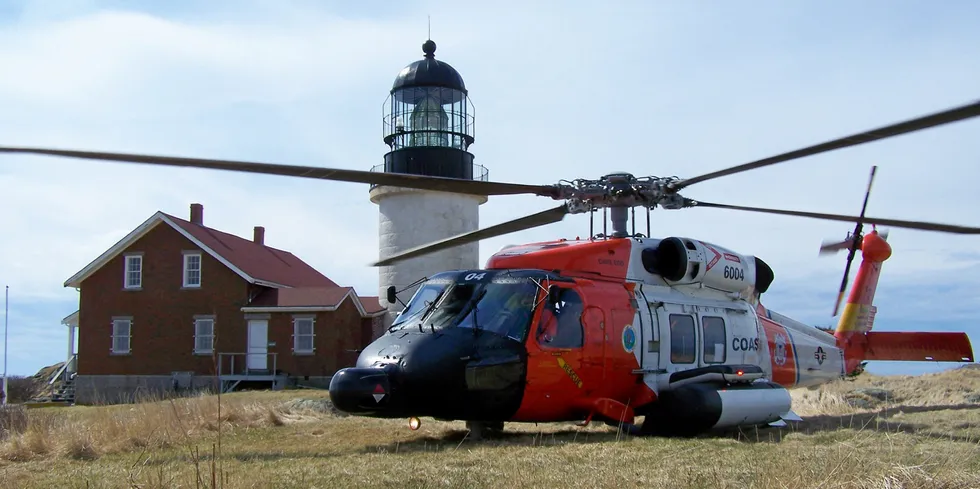 A US Coast Guard MH-60 Jayhawk rescue helicopter based out of Air Station Cape Cod in Massachusetts. A search for a missing crewmember aboard a Blue Harvest Fisheries scallop vessel was called off Aug. 18.
