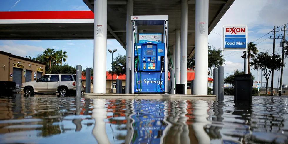 A flooded Exxon garage in Houston after Hurricane Harvey