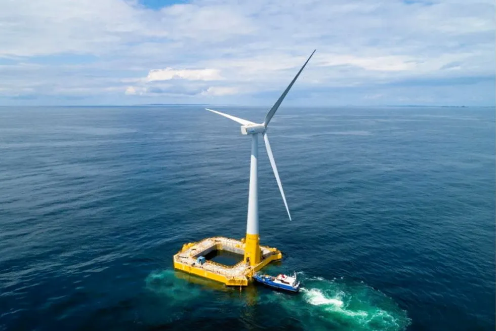 BATSO. A maintenance vessel docks at Floatgen, BW Ideol's first floating wind turbine in France, installed at the SEM-REV site operated by the Open-C Foundation off the coast of Le Croisic.