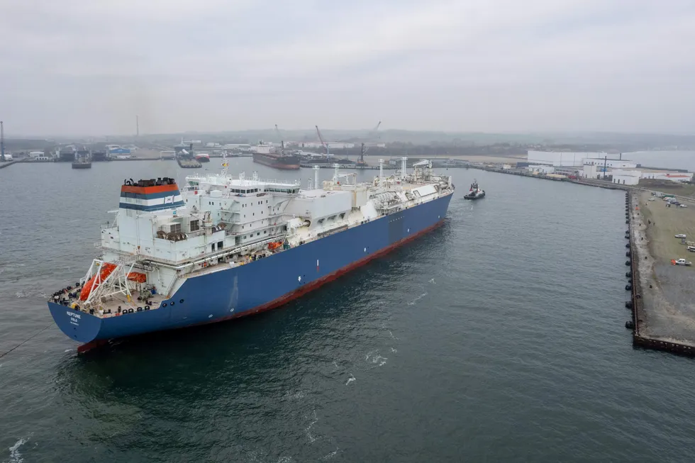 Arrival: the Neptune FSRU approaches the port of Mukran, northeastern Germany.