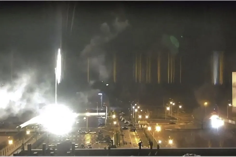 Flagrant: a screen grab taken on 4 March from video footage showing a Ukrainian nuclear plant in the town of Enerhodar under attack