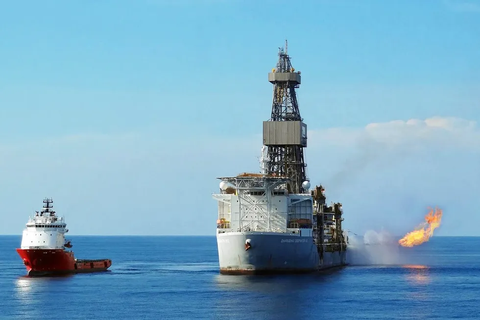 Earlier action: the drillship Dhirubhai Deepwater KG2 at the Shwe Yee Htun-2 well offshore Myanmar