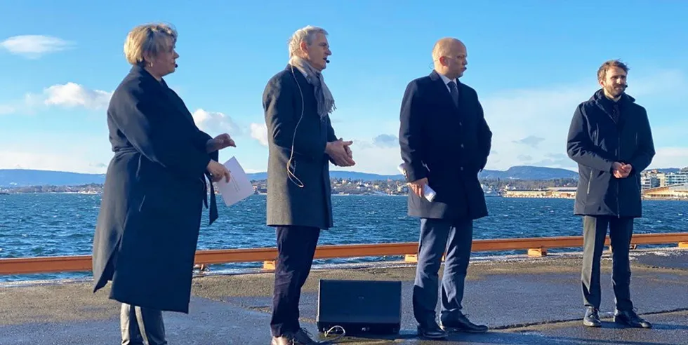 Left to right: Norway's oil and energy minister Marte Mjøs Persen, Prime Minister Jonas Gahr Støre, finance minister Trygve Slagsvold, trade and industry minister Jan Christian Vestre