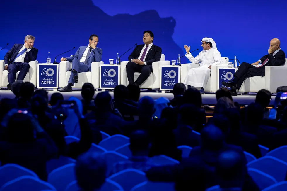 From left: BP chief executive Murray Auchincloss, Shell chief executive Wael Sawan, Petronas chief executive Tengku Muhammad Taufik, Adnoc executive director Musabbeh al-Kaaba and Eni chief executive Claudio Descalzi take part in a panel at ADIPEC 2024 in Abu Dhabi.