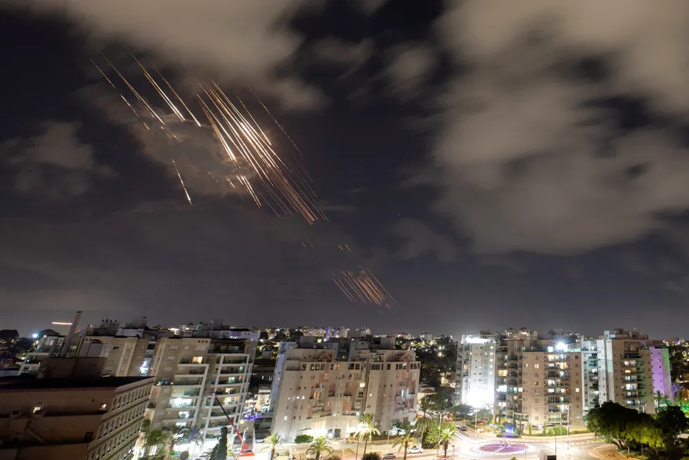 Israel’s Iron Dome anti-missile system intercepts rockets, as seen from Ashkelon, Israel, on Tuesday.