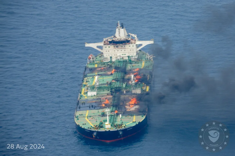 Smoke rises from the oil tanker Sounion, which has been on fire since 23 August and appears to be leaking oil.