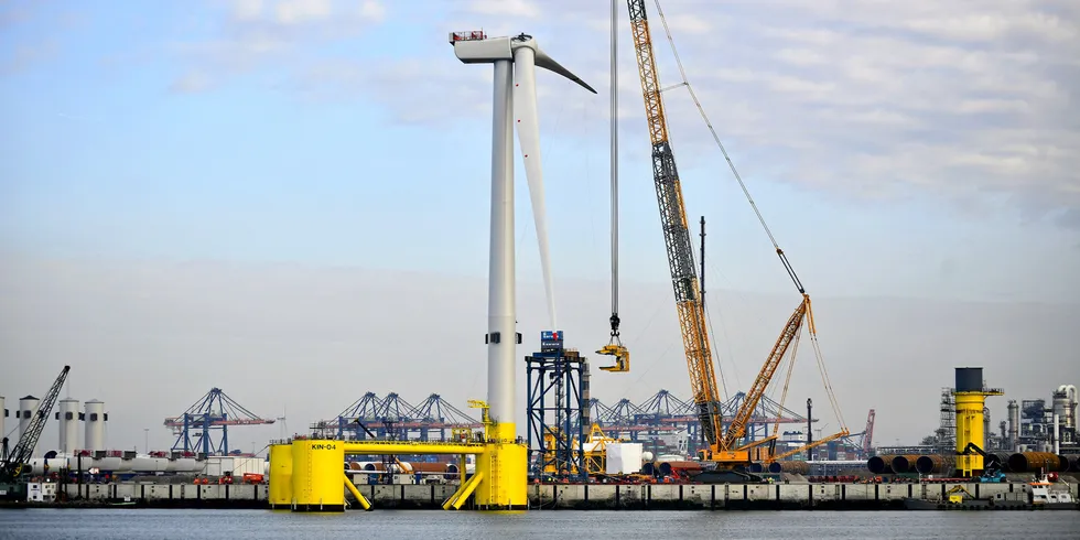 A turbine ahead of successful installation at the Kincardine floating wind project off Scotland.