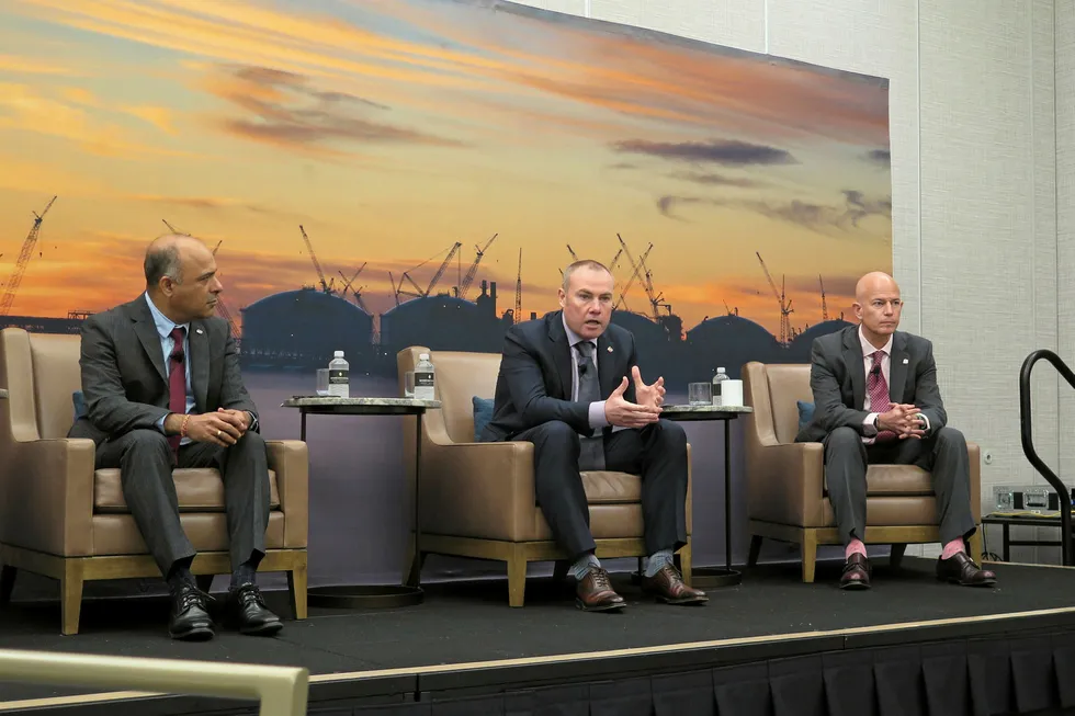 Bechtel business: Darren Mort, general manager, LNG (centre), and Alasdair Cathcart, president oil, gas & chemicals, speak at a briefing in Houston
