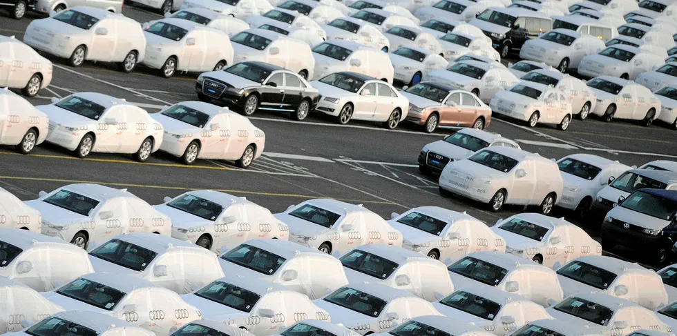Audi cars at a shipping terminal in the harbour of the German northern town of Bremerhaven,