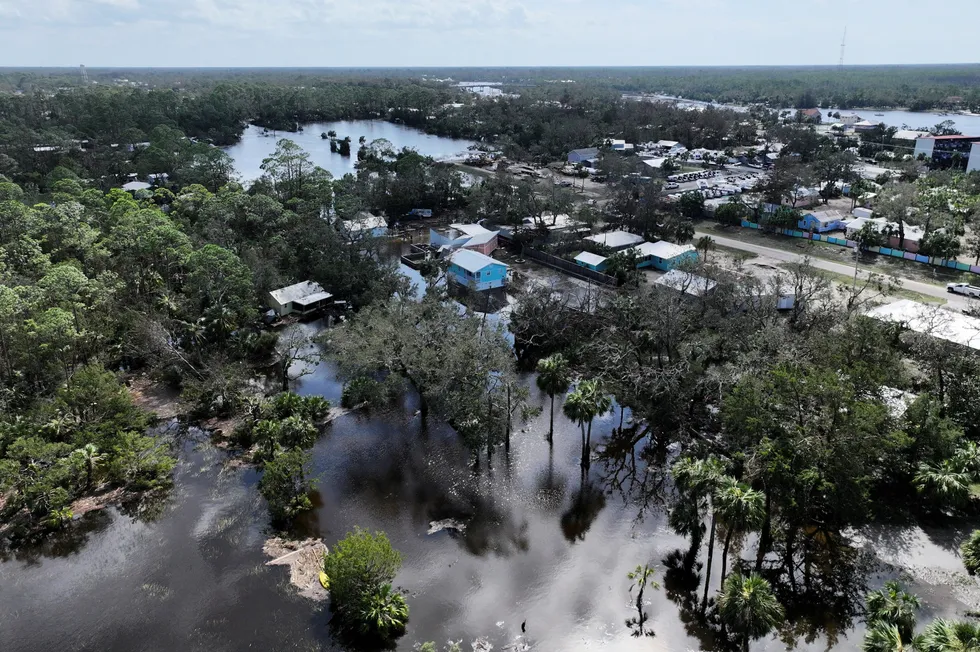 A drone view shows a flooded and damaged area, following Hurricane Helene in Steinhatchee, Florida, US, on Friday, 27 September 2024.
