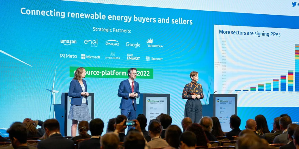 RE-Source 2022 opening session, L-R Mariana Heinrich, Director Energy, WBCSD, Pierre Tardieu, Chief Policy Officer, Wind Europe, Walburga Hemetsberger, CEO, SolarPower Europe
