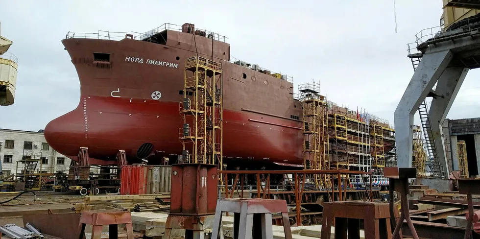 The 80-meter factory-trawler for Murmansk-based fishing company Nord-Pilgrim before launching at Vyborg shipyard. Date of delivery of the vessel was postponed from November 2019 to June 2021.