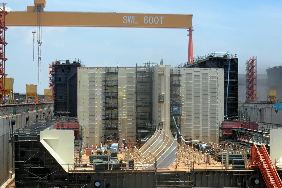Progress: the Culzean FSO under construction at Sembcorp Marine's Tuas Boulevard Yard in Singapore