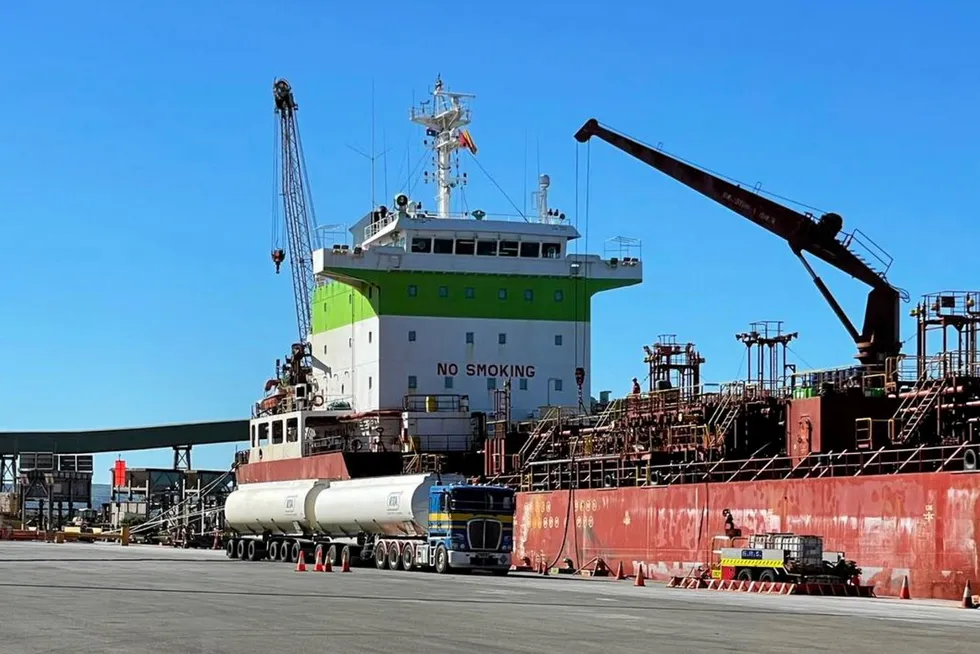 Destined for Singapore: trucked oil produced at the Cliff Head field offshore Australia being loaded onto the tanker AB Paloma at the Port of Geraldton