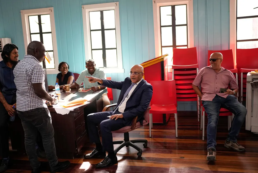 Rebuts criticism: Guyana Vice President Bharrat Jagdeo (second from right), during a press conference in April 2023.