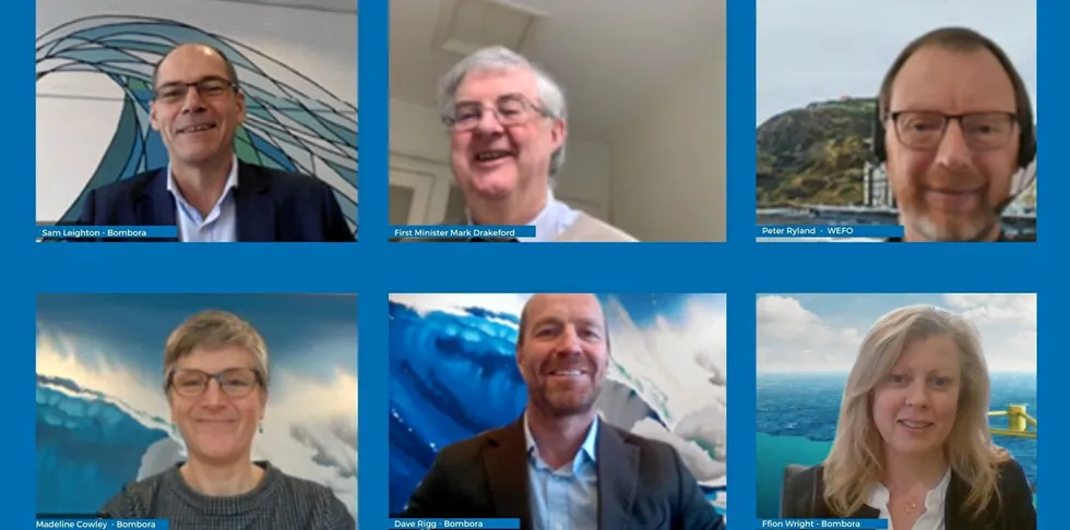 First minister of Wales Mark Drakeford (upper deck, centre) during his virtual tour to see Bombora's full-scale mWave wave power device