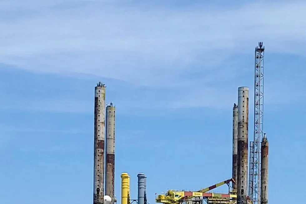 On the move: Boabarge 34 transporting the Deep Panuke jack-up production facility from the eponymous field off Nova Scotia, Canada to Halifax harbour in summer 2020.