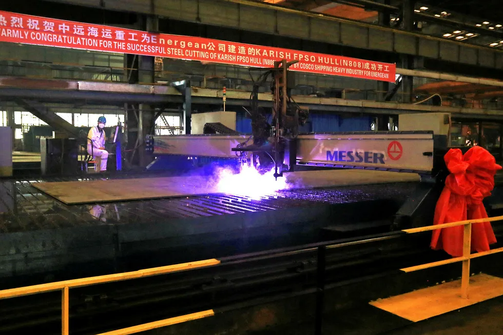 Hull fabrication: first steel was cut on the Karish & Tanin FPSO for Energean at at Cosco Shipping Heavy Industry’s yard late last year