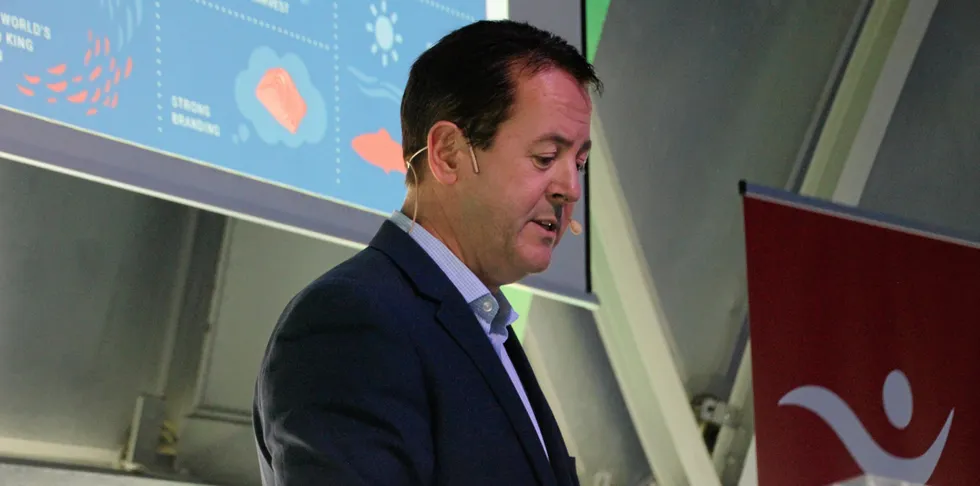 New Zealand King Salmon CEO Grant Rosewarne speaking at IntraFish's Brussels luncheon in 2018.