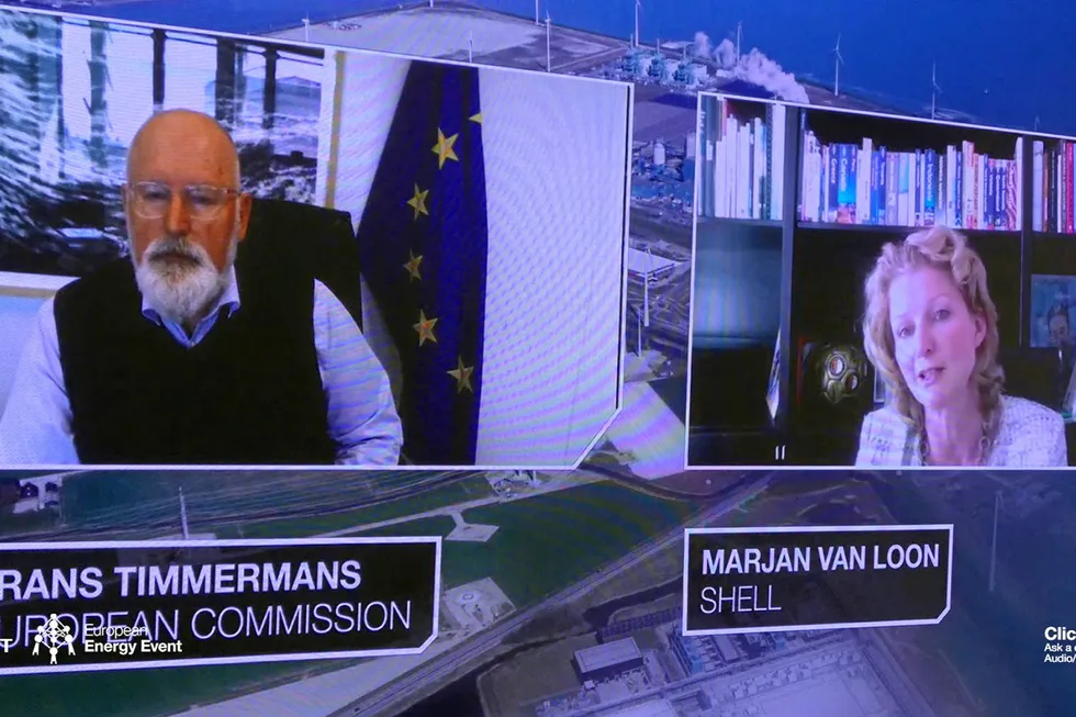 Shell Netherlands boss Marjan van Loon speaking alongside European Commission vice-president Frans Timmermans at German transmission system operator TenneT's European Energy conference