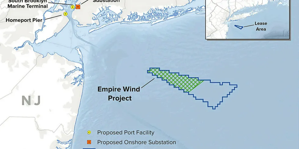 Map showing the location of Empire Wind 1 and the remainder of Equinor's lease area.