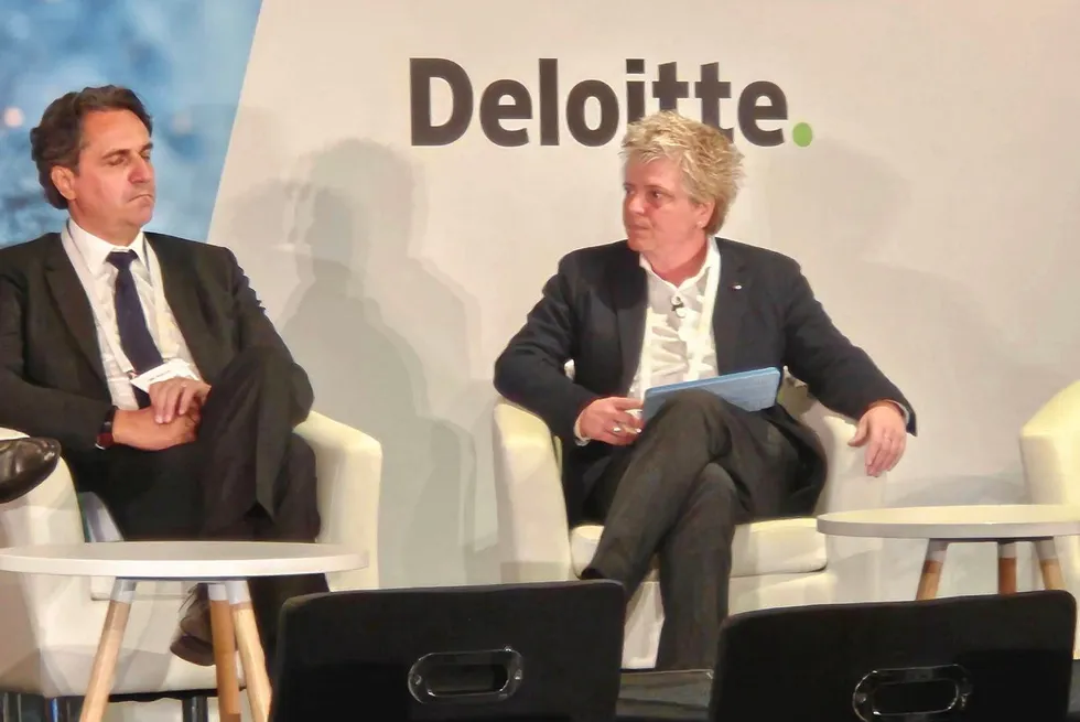 Vicky Roberts-Mills, global head of energy transition at AXA, addressing a panel at Reuters Energy Transition Europe 2024 in London.