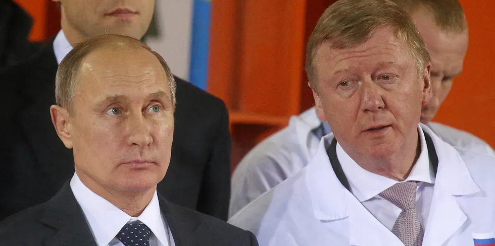 President Vladimir Putin pictured with Anatoly Chubais in 2016, when the latter was chairman of Russian innovation development institution Rusnano. He is now the president's special envoy for relations with international organisations.