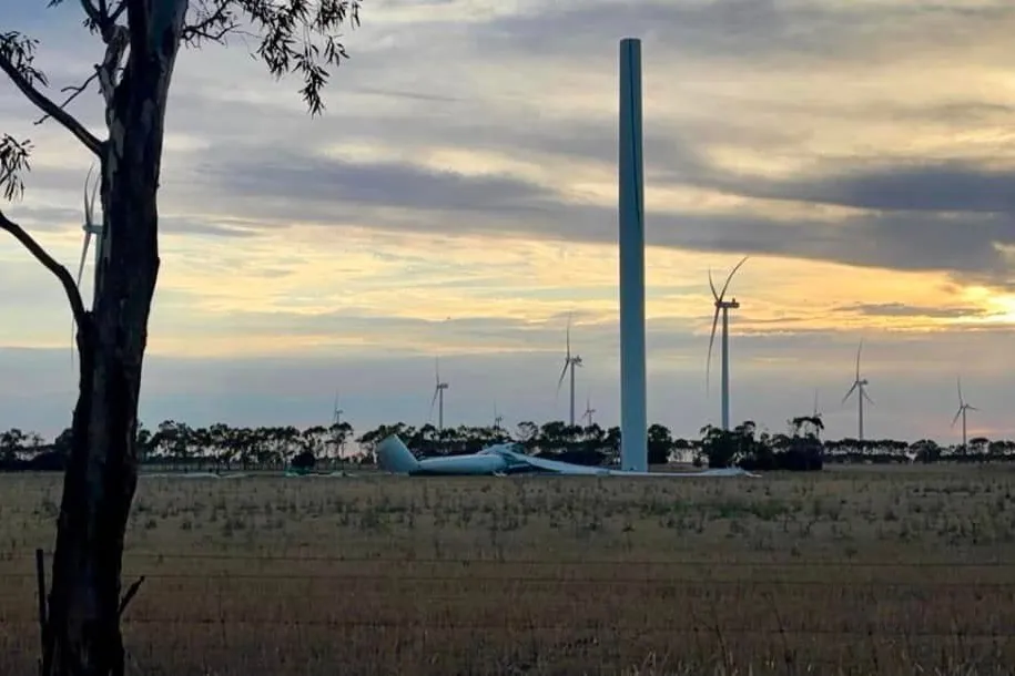 A picture of the collapsed turbine at the Berrybank Wind Farm posted by the local fire brigade.