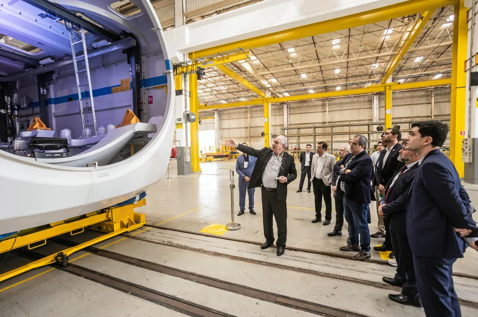 A nacelle on the production line at Goldwind's new factory in Camaçari, Bahia.