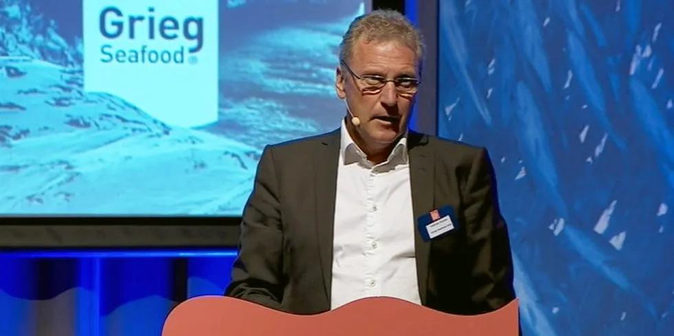 Grieg Seafood CEO Andreas Kvame at NASF 2022, touting Grieg's growth plans.