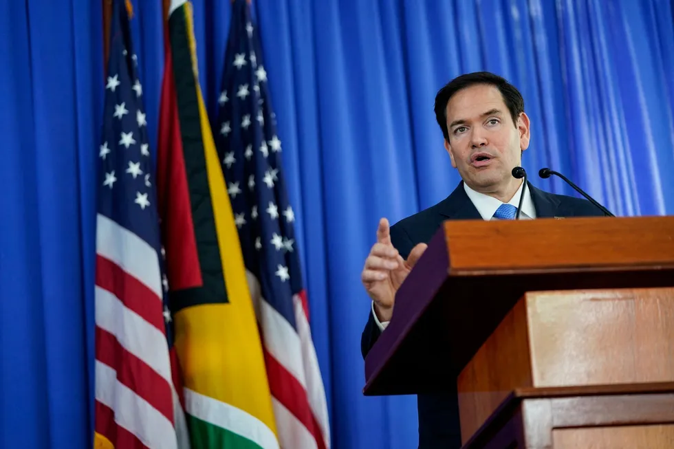 US Secretary of State Marco Rubio speaks during a press conference in Georgetown, Guyana.