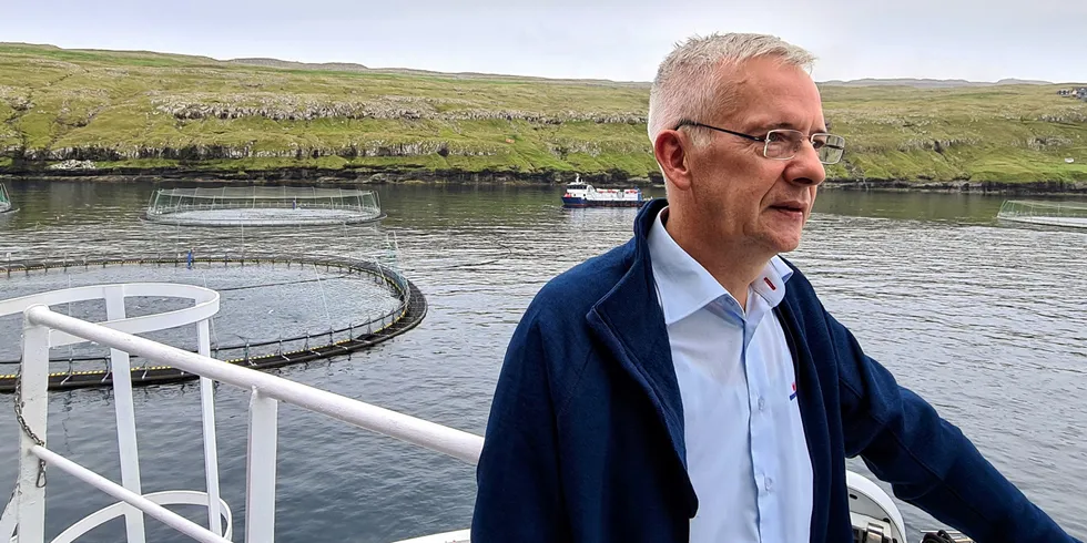 Bakkafrost CEO Regin Jacobsen surveys salmon farms in the Faroes.