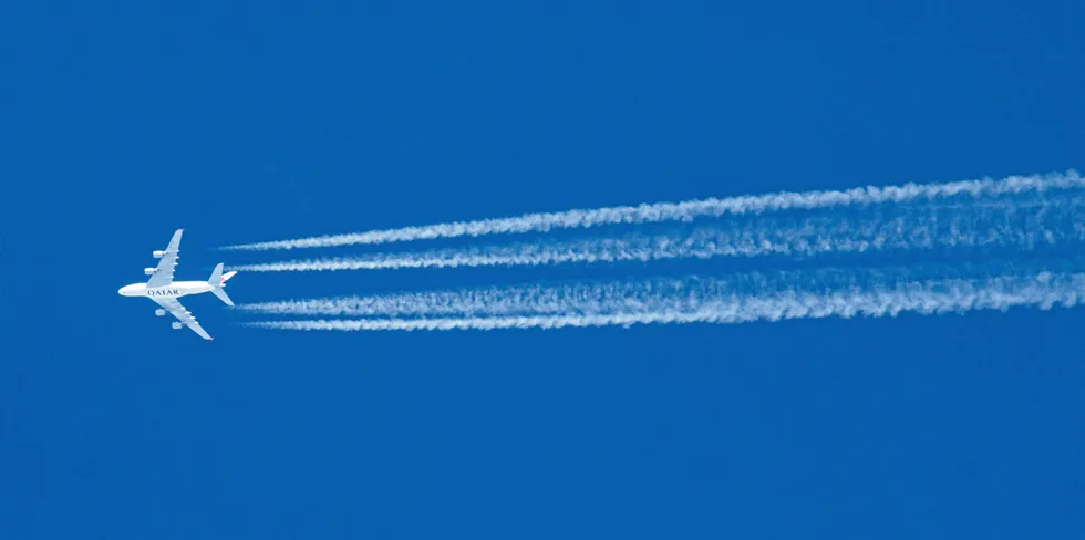 A Qatar Qirways Airbus A380 jet on its way to Heathrow Airport.