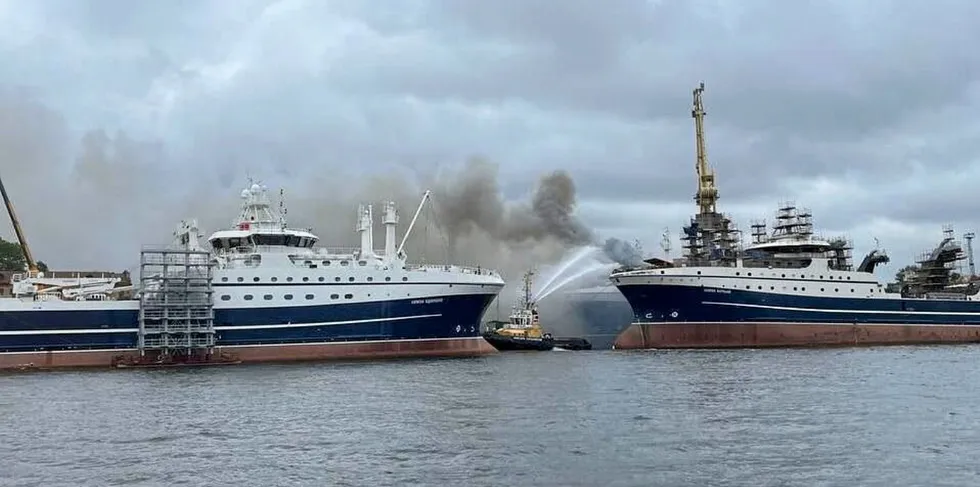 The fire occurred in the fishmeal hold, where welding work were being carried out, said the shipyard.