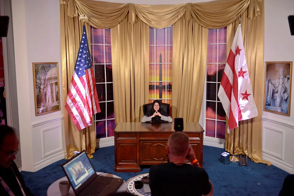 Seat of power: the makeshift Oval Office stand at WGC